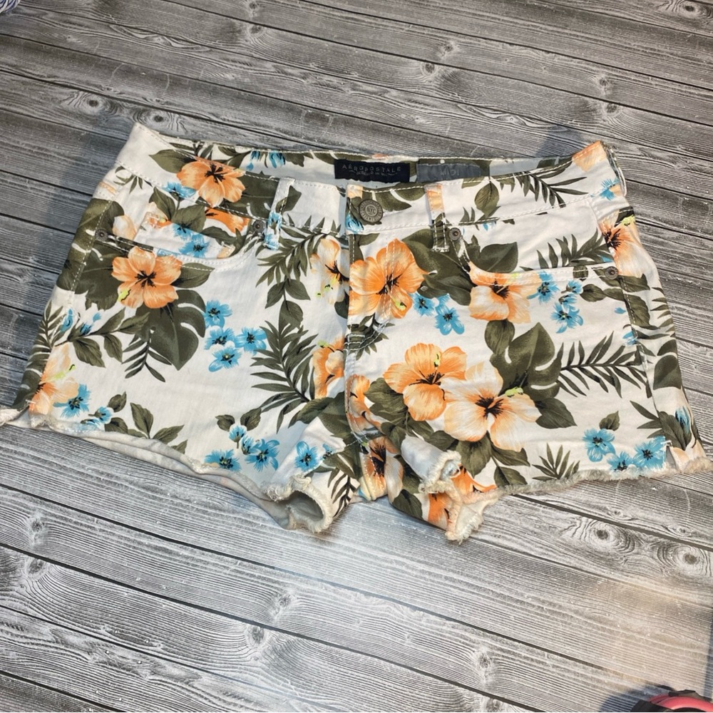 Aeropostale Floral Print Jean Shorts - Orange and Blue